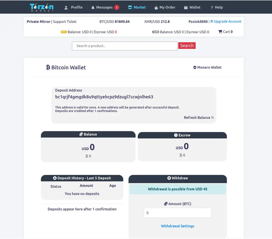 Torzon cryptocurrency wallet management interface